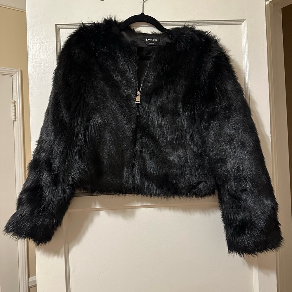 Bebe Black Faux Fur Zip Up Coat Jacket